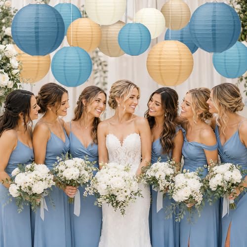 15 Pack Dusty Blue Paper Lanterns with String, 6/8/10 Inches - color: Dusty Blue, Light Blue, Ivory, Kraft, Taupe