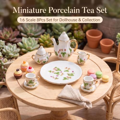 Miniature Tea Set 1/6 Scale Dollhouse Accessories Porcelain Green - color: Green