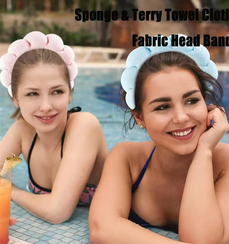 CAZYTOYZ Sponge Spa Headbands for Women Wristband Set Puffy Makeup Brush Headband Set for Washing Face Soft Towel Skin Care Head Band Cute Hair Band Shower - color: Sky