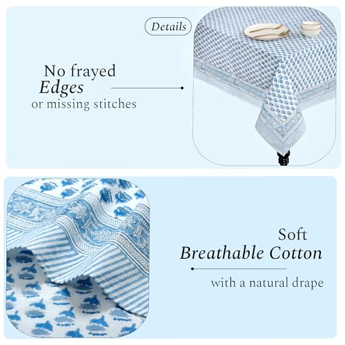 CPC Tablecloth 100% Cotton 60x60 Inch Indian Block Print Square Table Cover, Table Cloth for Weddings, Spring/Summer, Barbeque - Apatite Blue - color: Apatite Blue, size: 60" x 60" (Square)
