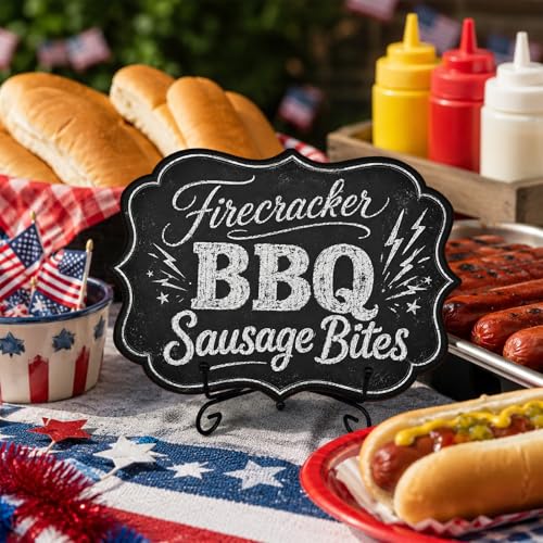 Wooden Food Sign with Metal Stand, Patriotic Hot Dog Buffet Decor for BBQ Party, Food Truck, Restaurant Counter, 5 x 7 Inch Independence Day Tabletop Display - A06 - color: DLR A06