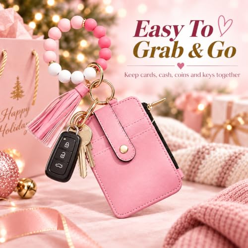 Boho Beaded Wallet Wristlet Keychain Card Holder Tassel Purse - color: A5:pink