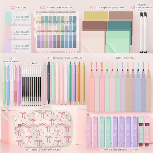 WOBAGMEN 62PCS Aesthetic School Supplies with Corduroy Pencil Case, Pastel Highlighters Gel Pens Mechanical Pencils, Cute College Essentials Set (Bow Heart) - color: Bow Heart