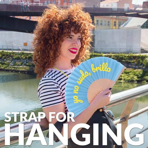Fisura – Original Folding Fan with Message “Yo no sudo, Brillo”. Wooden Handheld Fan for Women. Glow in the Dark Accessory for Raves, Weddings, Birthdays, Festivals, Parties and Creative Gift Ideas. - color: Brillo, Blue (Glow in the Dark)