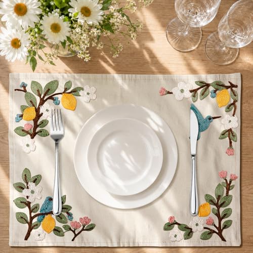 Embroidered Placemats Set of 6-13"x 18" 6PCS Embroidered Rustic Washable Fabric Place Mats Farmhouse Boho Dining Table Mats Dinner Placemats, Lemon Bird - color: Lemon Bird