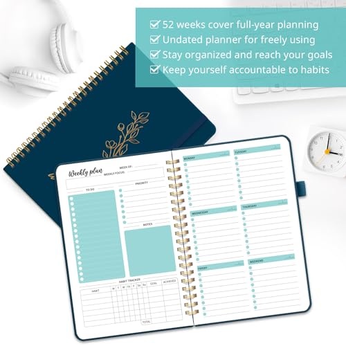 Taja Undated Weekly Planner, To Do List Notebook with Habit Tracker, A5 - color: i.Navy