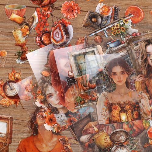 PET 20 Sheets 180 Pre-Cut Fall Stickers for Scrapbooking Landscape People Scrapbook Sticker Transparent Stickers for journali Scrapbook Supplies - color: Autumn