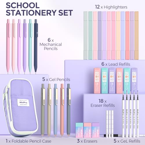 Nicpro School Supplies Stationary Set with Pencil Case, 39 PCS Purple - color: Purple, size: 1 count (Pack of 39)