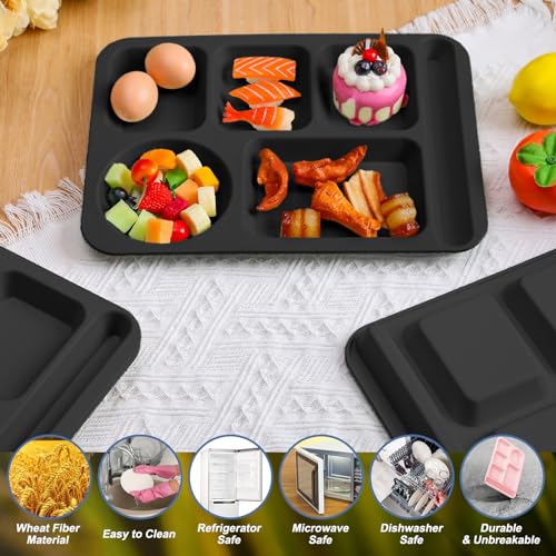 Pinkunn 12 Pcs 14'' Large Divided Plates Unbreakable Wheat Straw Lunch Trays 6 Compartments Cafeteria Trays Microwave Dishwasher Safe Food Separator Plates (Black) - color: Black