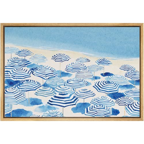 SIGNFORD Framed Canvas Print Wall Art Coastal Blue Umbrella Beach Scene Watercolor Seaside Summer Illustrations Modern Art Decorative Boho Relax/Zen for Living Room, Bedroom, Office - 16x24 Natural - color: B08-2508-M19, size: 24"L x 16"W