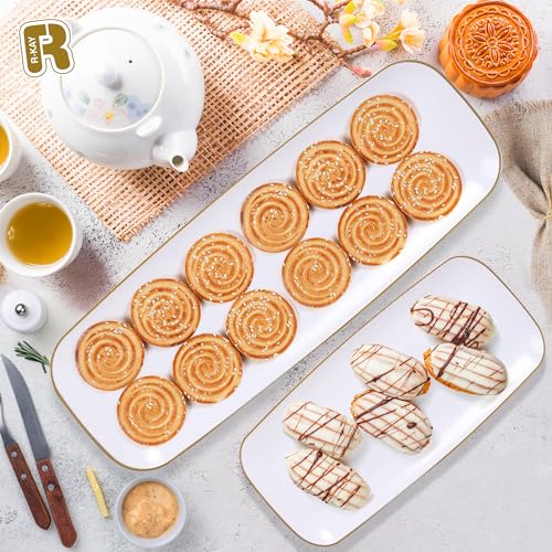 R-kay 4 Pack Gold Rim Plastic Serving Trays - 10 by 5.5 in Heavy Duty Rectangular Platters for Food and Desserts - Premium White Party Trays - color: White And Gold, size: 10 Inch
