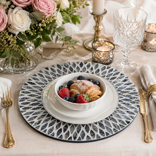 i-lan 2 Pack 13 Inch Mother of Pearl Decorative Charger Plates for Display, Sea Shell Inlay Wood Charger Plates for Dining, Party, Modern Style Decor Placemats for Dinner Plates,Black - style: Style 10