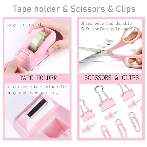 Pink Desk Accessories, Pink Office Supplies Accessories with Tape Dispenser, Stapler, Staple Remover, 1000 Staples, Tape, Clips Set, Ruler, Scissor, Pen - color: Pink