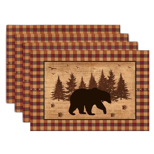 Rustic Bear Forest Pine Tree Placemats Set of 4, Wildlife Paw Print Buffalo Plaid Table Place Mats 18 x12 Inch Heat Resisting Non-Slip Table Mats for Party Holiday Kitchen Farm Indoor Decor - color: Rustic Bear