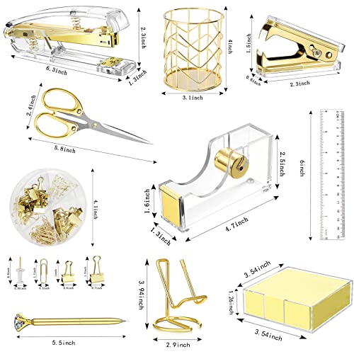 Gold Desk Accessories, Acrylic Stapler, Staple Remover, Tape Holder, Pen Holder, Ballpoint Pen, Scissor, Binder Clips, 1000pcs Staples, Phone Holder, Ruler, Transparent Glue and 300 Notes - color: Gold