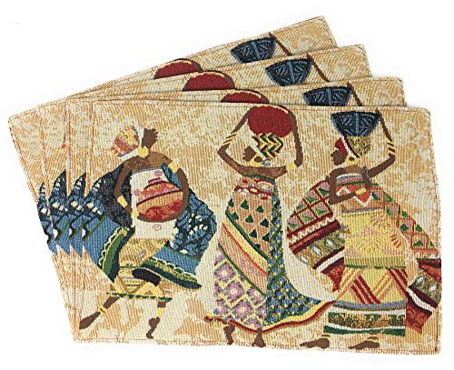 DaDa Bedding Dancing Women Tapestry Dining Table Placemats - Set of 4-Pieces Festive Celebrate Kwanzaa - Tribal African Tribal Culture - Decorative Cotton Linen Woven Kitchen Mats - 13” x 19” (18117) - color: Dancing Women