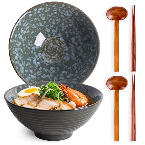 40oz Japanese Ceramic Ramen Bowl Set of 2 with Chopsticks and Spoons for Pho Udon Asian Soup Noodles (Jade Speck) - color: Jade Speck