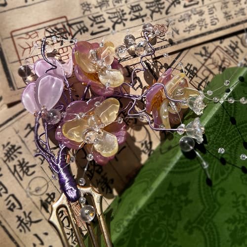 Purple Jasmine Hairpin Chinese Hanfu and Han Style Hair Retro Flower with Metal Handmade Hair Clip Hair Accessories for Women Girls Long Hair (Purple Jasmine Flower) - color: Purple Jasmine Flower