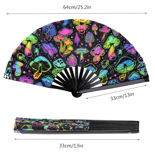 Large Rave Hand Fan UV Glow, Bamboo Clack Popping Folding Fan, Large Hand Fan for Line Dancing, Halloween, Music Festival, Club, Dance, Party, Drag Queen(Mushrooms) - color: Mushrooms