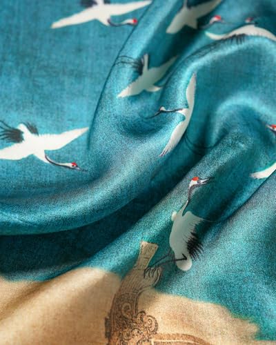 100% Mulberry Silk Scarf for Women Lightweight 21" Small Square Neck Scarf Headscarf Neckerchief Gift Packed - color: Blue Auspicious Cranes