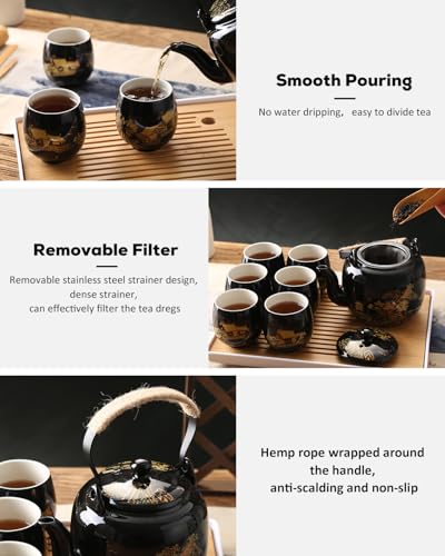 Dujust Japanese Tea Set, Black Porcelain Tea Set with 1 Teapot Set, 6 Tea Cups, 1 Tea Tray, 1 Stainless Infuser, Beautiful Asian Tea Sets for Adults, Tea Lover/Women/Men (Countryside in Golden) - color: Black
