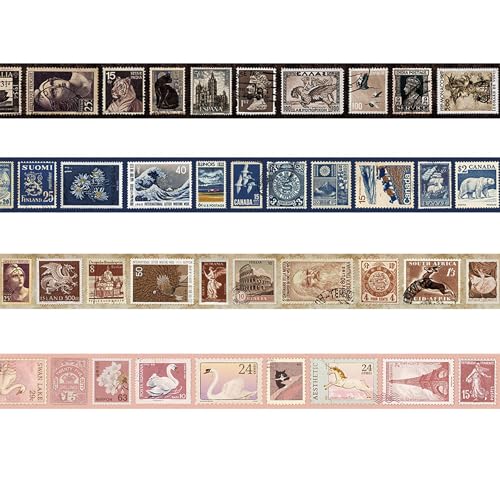 Stamps Washi Tape Set 4 Rolls Retro Post Decorative Vintage Patterns Masking Tapes for Arts, DIY Crafts, Journals, Planners, Scrapbook, Wrapping