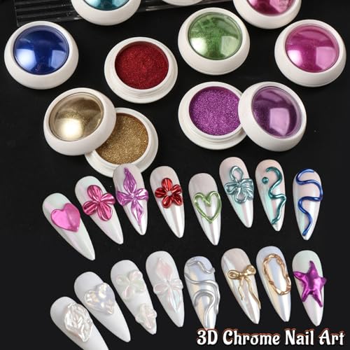 Chrome Nail Powder for Nails - 16 Colors Kit with 8 Brushes, Mirror Metallic Gold Silver Red Blue Aurora Pearl Iridescent Mermaid Shimmer Glitter for Home DIY Salon Nail Art Supplies