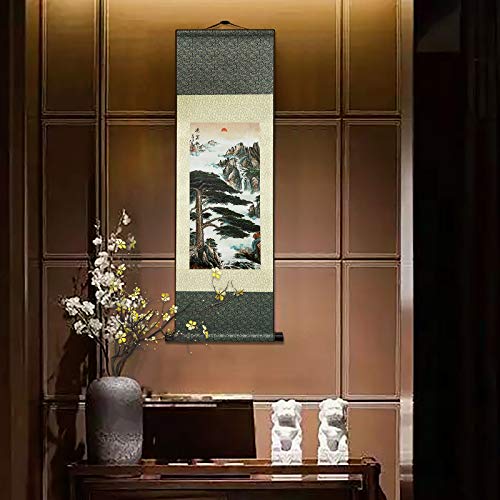 AtfArt Silk Scroll Painting, Asian Wall Art, River Landscape, 36.2x12in - color: A2