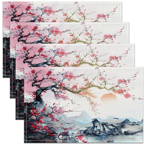 Feelyou Cherry Blossoms Placemats Set Set of 4 18"x12" - color: Pink Blue
