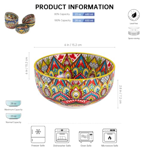 Henten Home Ceramic 28 oz Soup Bowls, Boho Cereal Bowl Set of 6