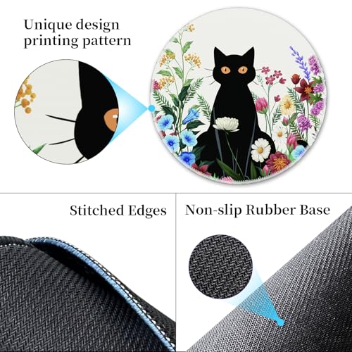 Hancynir Black Cat Floral Round Mouse Pad, Small Mousepad for Office Desk - color: Floral Cat White