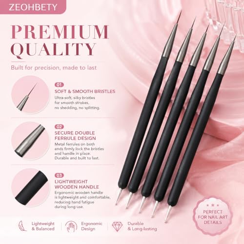 Nail Art Brushes, 5Pcs Nail Art Liner Brushes, Dotting Pen Tools, Painting Art Design Brush Set for Long Lines, Thin Details, Fine Drawing Sizes 7/9/11/15/22mm, Black - color: Black