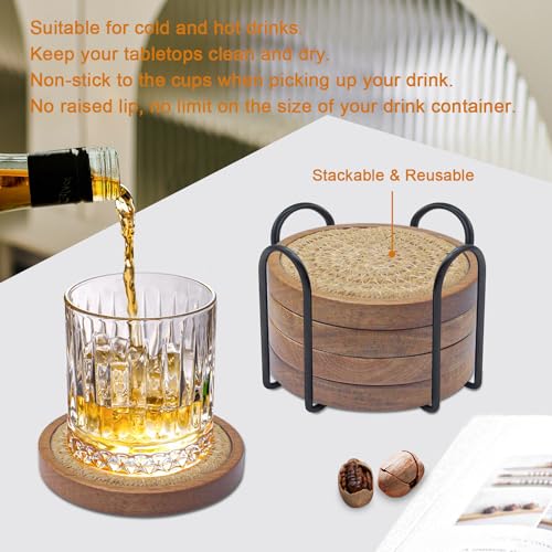 Wood Coasters for Drinks, Eykao Absorbent Coaster Sets of 5, Woven Drink Coasters for Coffee Table, Housewarming Gift for Farmhouse Home Decor,4 inches - color: Brown (With Holder)