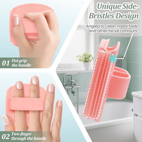 Silicone Face Scrubber & Lymphatic Contour Face Brush Set, Soft Facial Brush with Unique Side-Bristle for Gentle Exfoliating & Deep Cleansing, Lymphatic Drainage Massager for Sculpting(Pink) - color: Pink Set