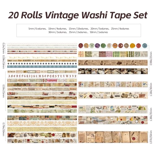 20 Rolls Vintage Washi Tape Set, Floral Letter Butterfly Mushroom Botanical Flower Writable Decorative Tapes for Scrapbooking , Junk Journal Supplies, Bullet Journaling 10-60mm Wide 6.56ft long/Roll - style: Botanical Style 2