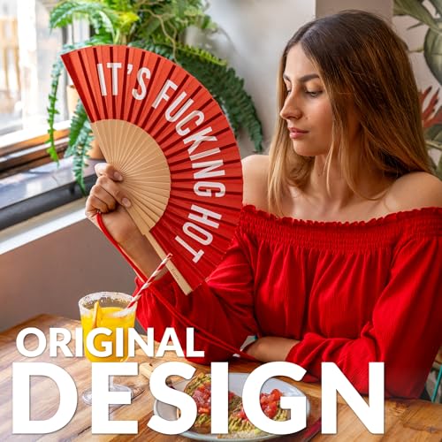 Fisura – Original folding fan with message F*cking hot, wooden handheld fan for women, ideal for rave, party, wedding, birthday, gift or fun summer decoration - color: Hot, Red