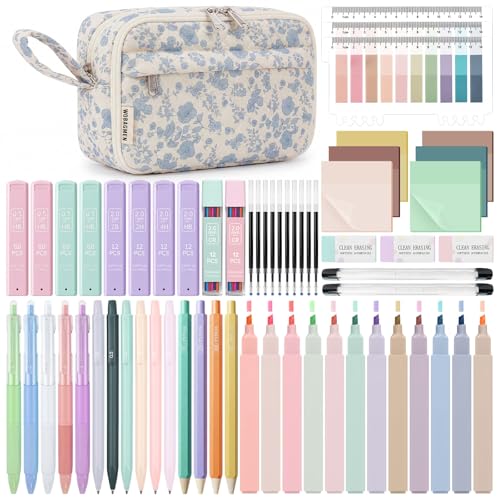 WOBAGMEN 62PCS Aesthetic School Supplies with Quilted Pencil Case, Pastel Highlighters, Gel Pens Mechanical Pencils Set, Cute Back to School Supplies, College Essentials (Blue Floral, M) - color: Blue Floral