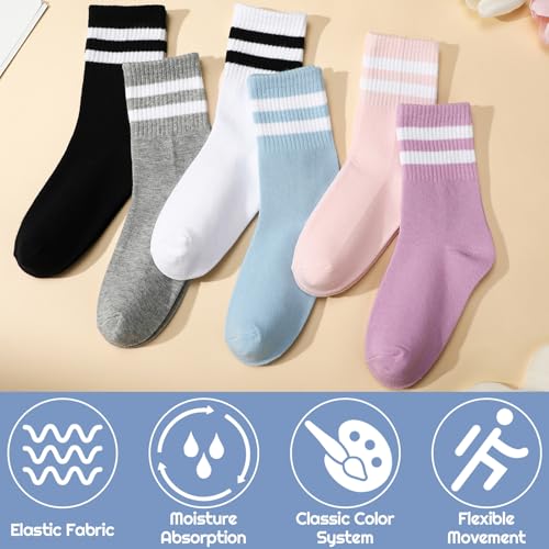 Womens White Crew Socks 6 Pair Striped Trim Casual Crew Socks - color: Blue, Purple, White, Black, Gray, Light Pink