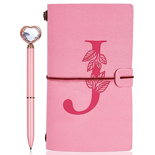 Personalized Journal Gift-Pink Initial Leather Journal+Heart Diamond Pen Set,Travel Notebook Diary Gifts,Refillable Notepads,Christmas,Birthday Gifts for Women Girls (7.9"x4.7") (J) - style: J