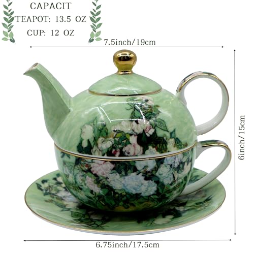 Porcelain 13 OZ Tea for One Teapot and Cup Set Vintage Floral Ceramic Tea Set European Style Tea pot and Saucer Set (White Roses) - color: White Roses
