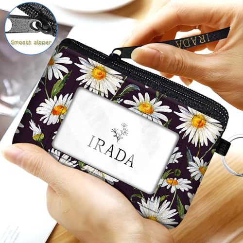IRADA ID Case Wallet Keychain with Clear ID Window Zipper Cute Coin Purse for Women Water Resistant Small Coin Pouch-Daisy Keychain Wallet - color: Daisy-Keychain Wallet