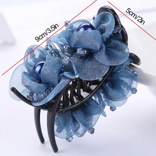 1pc Upscale Hair Claw Clips Hair Jaw Clips Decorated with Gauze Flowers and Pearl Beads for High Hair Bun Holder Hair Accessory for Women Girls (Blue)