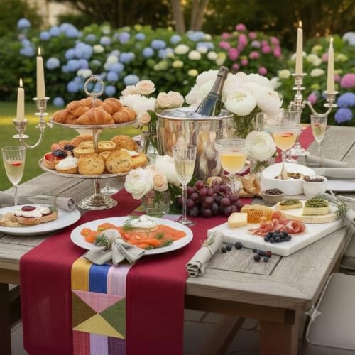 Korean Bojagi Table Runner, Ruby Red Ramie Patchwork, 78.8 x 11.8 Inch - color: Ruby Red