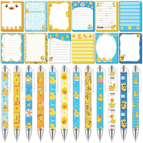 Dispowreath 24 Pcs Duck Sticky Notes with Pens Themed Party Favors Gifts Cute Notepad Memo Notes Pads Black Ink Ballpoint Pen for Duck Lover Christmas Gifts Office Supplies - style: Duck
