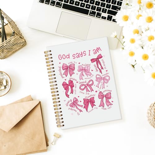 Coquette Pink Bow Notebook Journals, God Says I am Christian Notebook Journal for Women, Bible Notebooks for Note Taking，Coquette Office Supplies Hardcover Spiral Notebook 5.5x8.3 - color: Pink Bow - God says I am