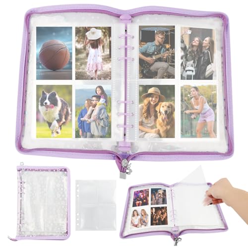 A5 Kpop Photocard Binder with 40 Sheet 4-Pocket Card Pages, Zip Closure Shinning Clear Cover 6 Ring Photocard Holder Binder Book 320 Pockets Mini Photo Organizing Storage Album (COLOR:Purple)