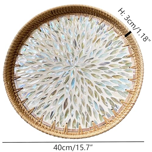 i-lan 16" Rattan & Mother of Pearl Round Decorative Serving Tray for Table - size: 16"