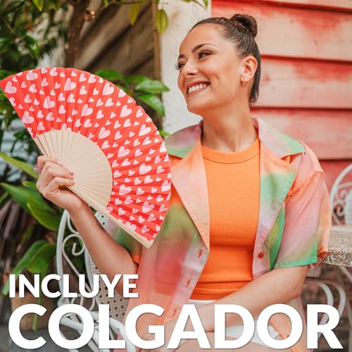 Fisura – Original red Folding Fan with Hearts Design, Wooden Handheld Fan for Women, Includes Hanger, Ideal for Wedding, Party, Travel, Gift or Romantic Decoration - color: Hearts