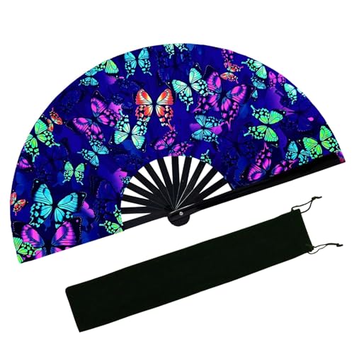 EOSAU Large UV Glow Rave Fan Folding Hand Fans for Line Dancing Butterflies - color: 13" Butterflies