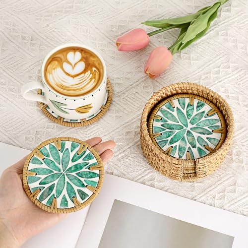 Boho Coastal Coasters Set of 6, Handmade Coasters with Holder, Green Leaf - style: Green Leaf
